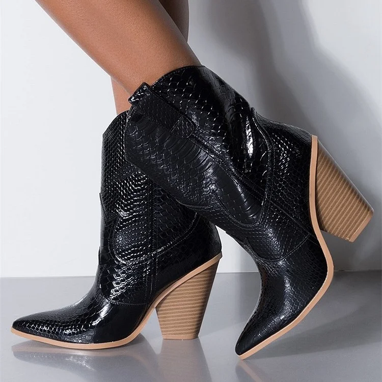 Black Snake Embossed Pointy Toe Chunky Heel Western Boots for Women |FSJ Shoes