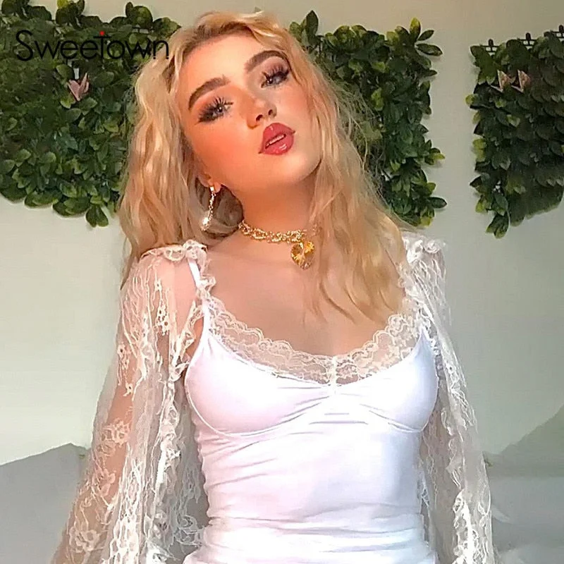 Sweetown 2000s Kawaii New Lace Cardigan Tops Women See Through Sexy Mesh T-Shirt Tie V Neck Long Sleeve Cute Aesthetic Tee White