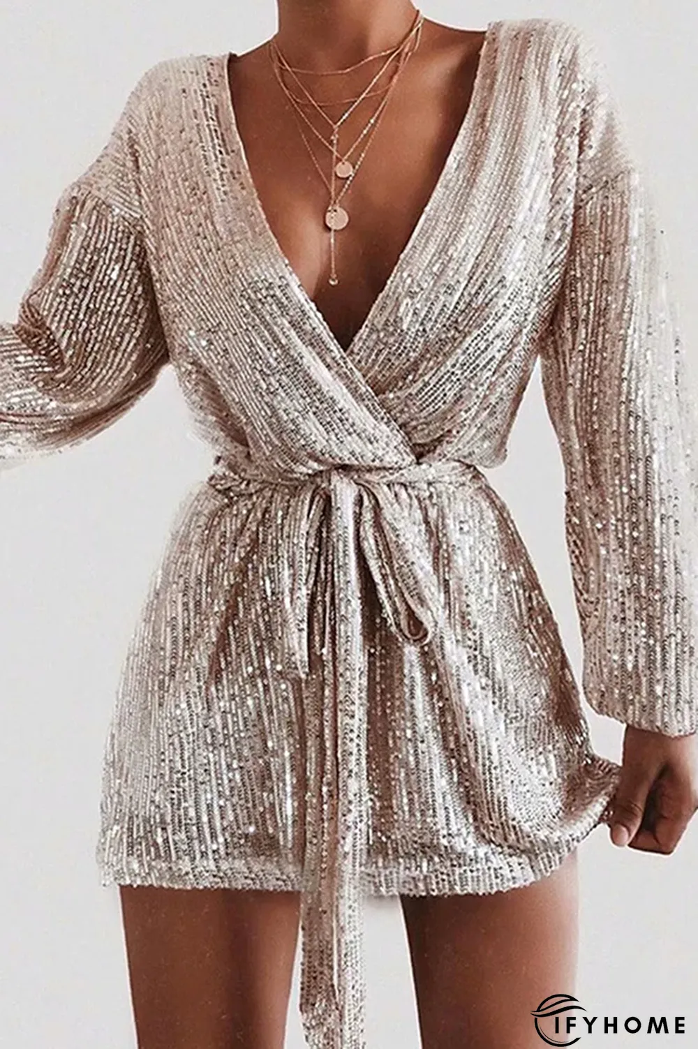 Fashion Elegant Solid Sequins With Belt V Neck Dresses | IFYHOME