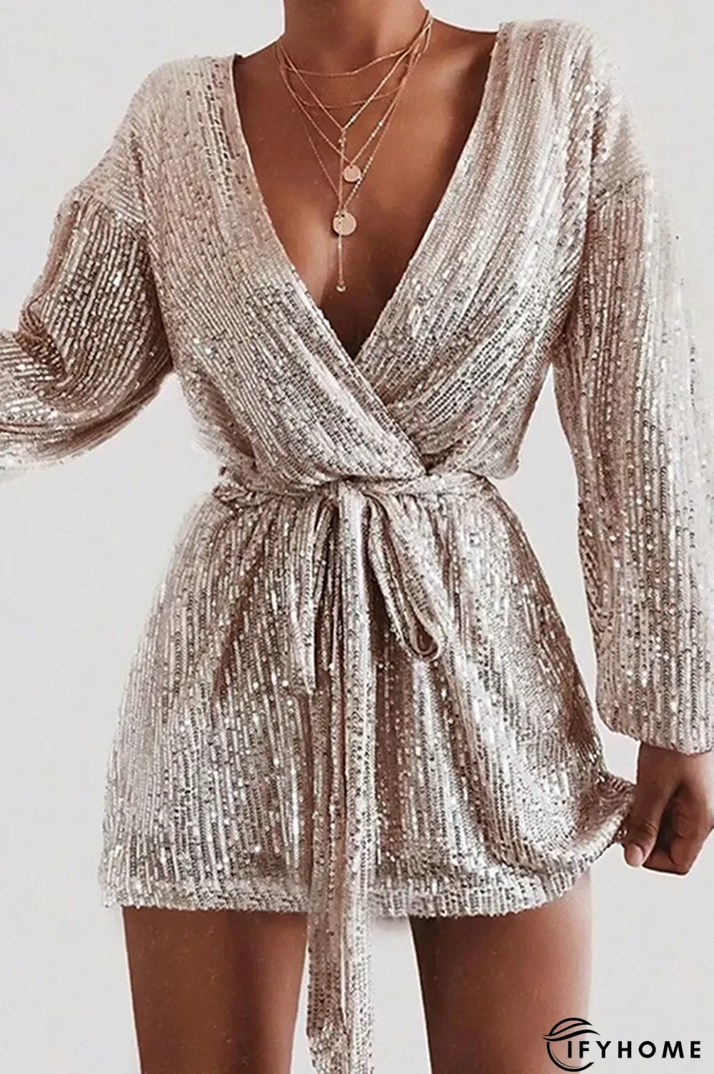 Fashion Elegant Solid Sequins With Belt V Neck Dresses | IFYHOME