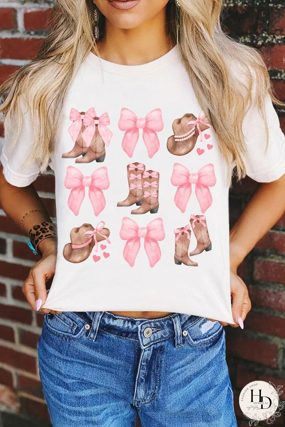 White Western Hat Boots Bow Knot Casual Graphic T Shirt