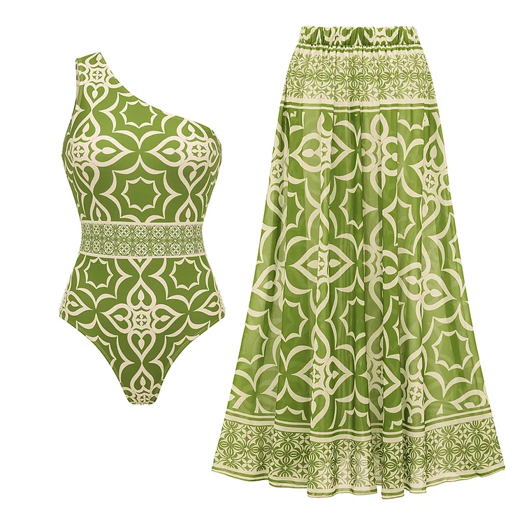 One Shoulder Retro Print One Piece Swimsuit and Skirt