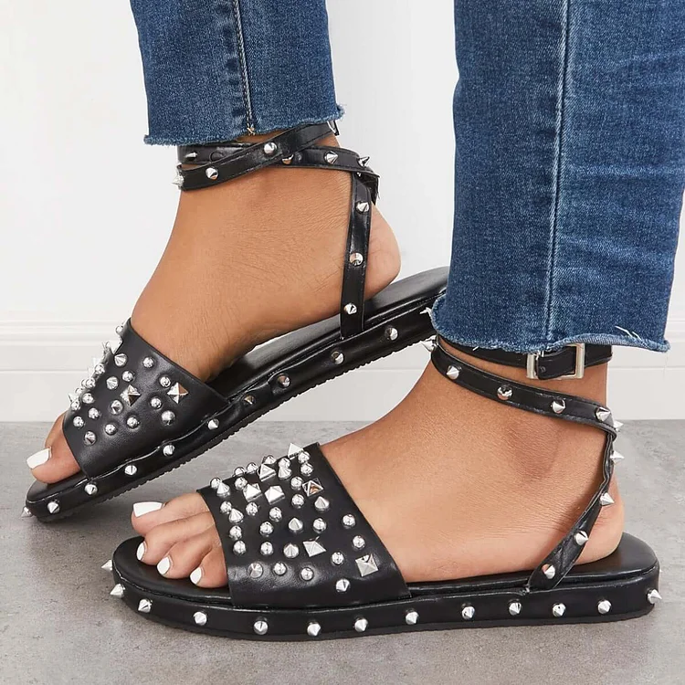 Black Open Toe Buckle Ankle Strap Sandals