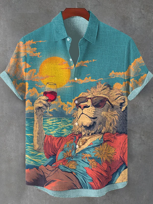 Men's Chillling Sunrise Red Wine Lion Art Print Shirt