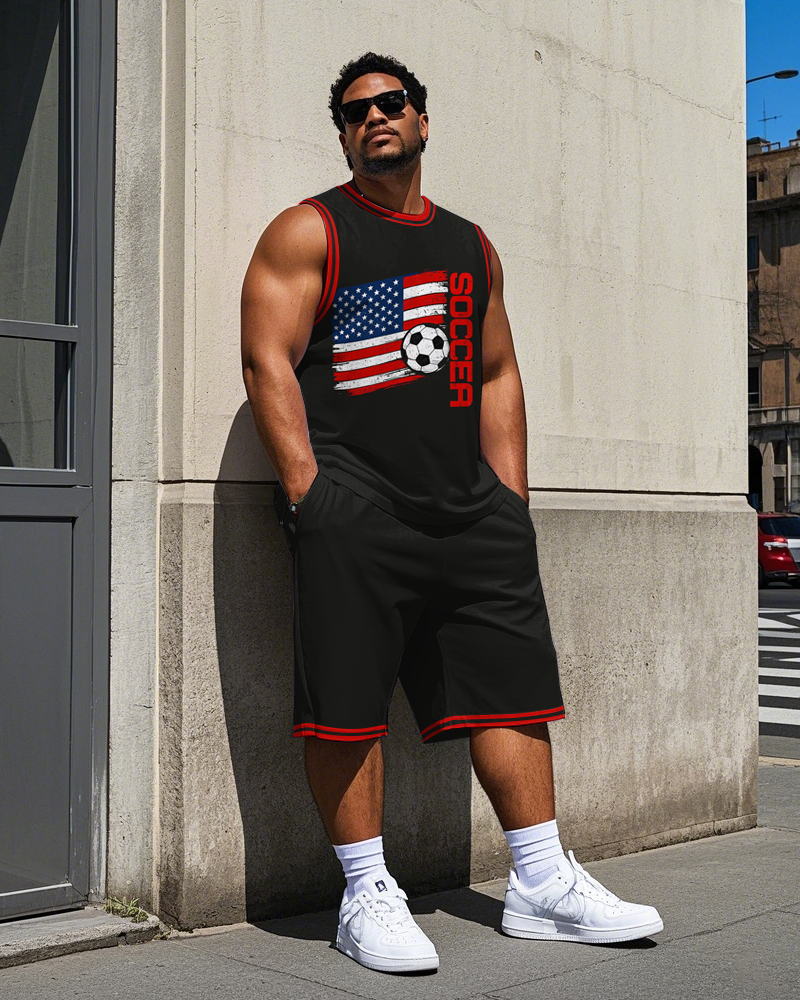 Men's Simple SOCCER Letter American Flag &  Football Big & Tall Basketball Vest and Shorts Set