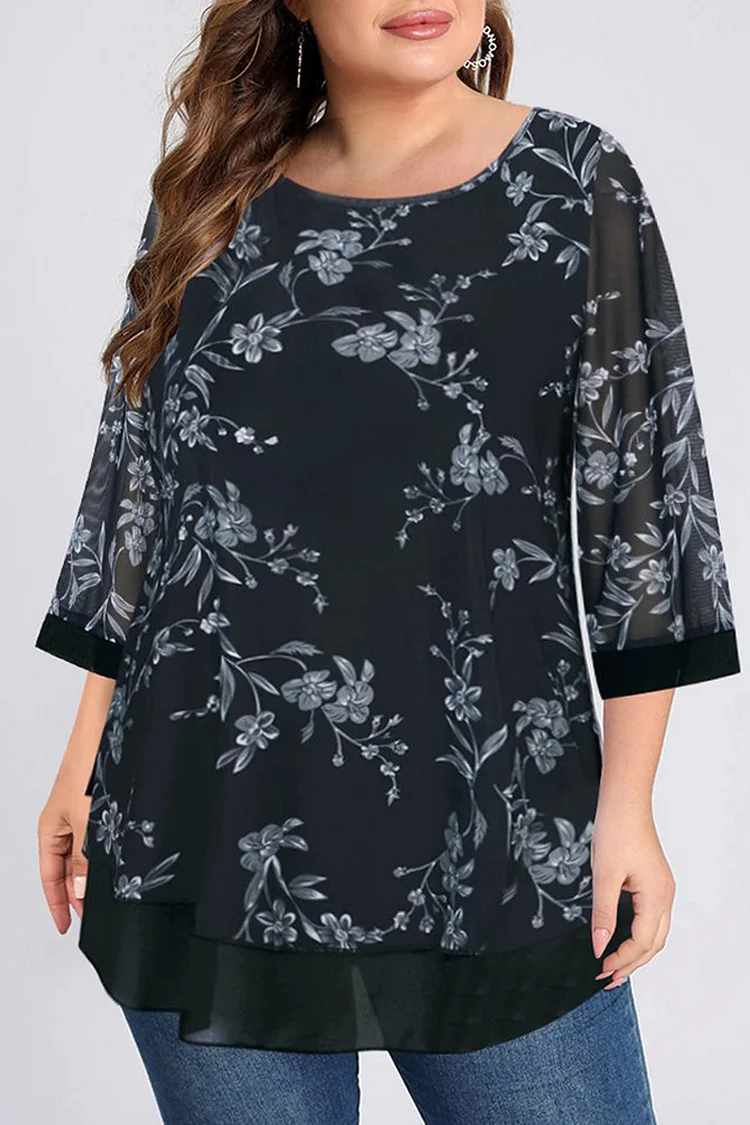 Flycurvy Plus Size Casual Black Mesh Floral Print Double Layer 3/4 Sleeve Blouse  Flycurvy [product_label]