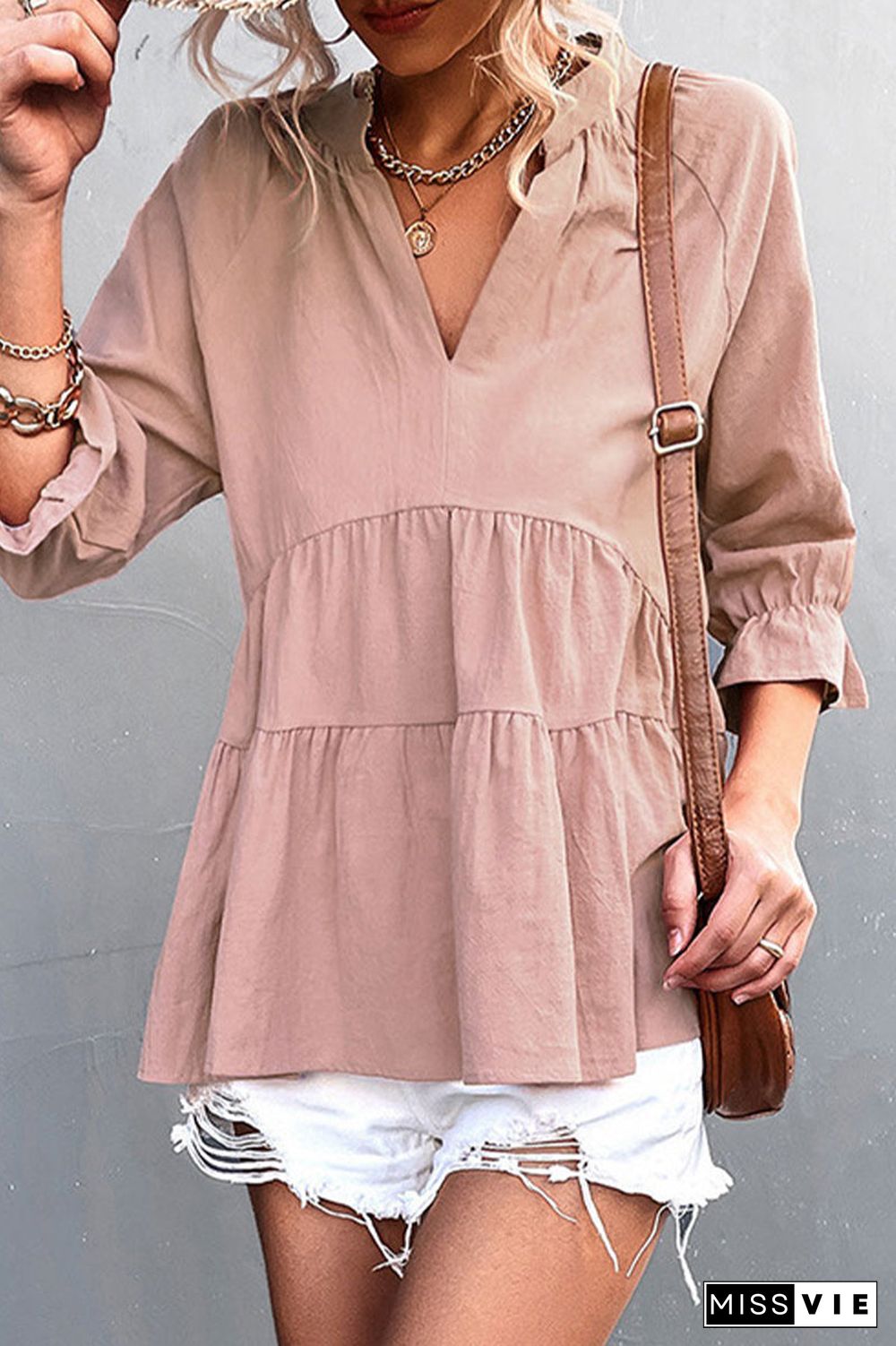 Casual Solid Flounce Fold V Neck Tops(5 Colors)