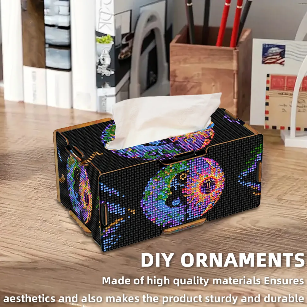 Sun and Moon Diamond Painting Tissue Box Wooden Diamond Art Tissue Storage Box