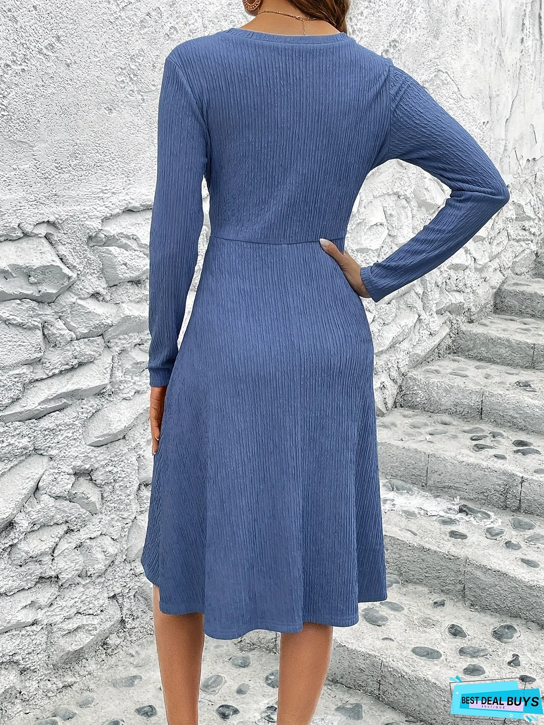 Criss Cross Solid Dress, Elegant Simple V Neck Long Sleeve Dress, Women's Clothing