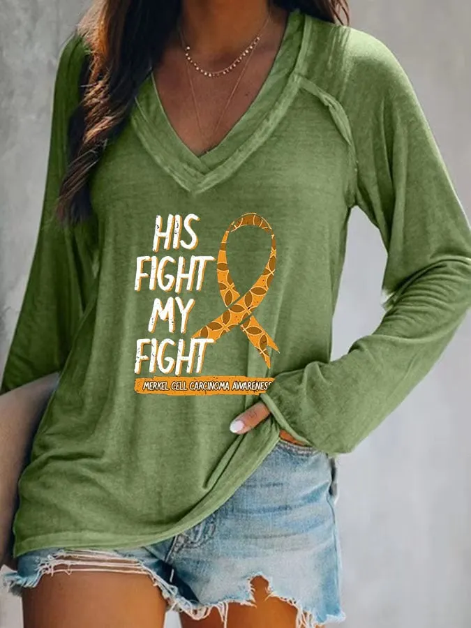 His Fight Is My Battle Merkel Cell Skin Cancer Women's Casual Printed Long Sleeve T-Shirt
