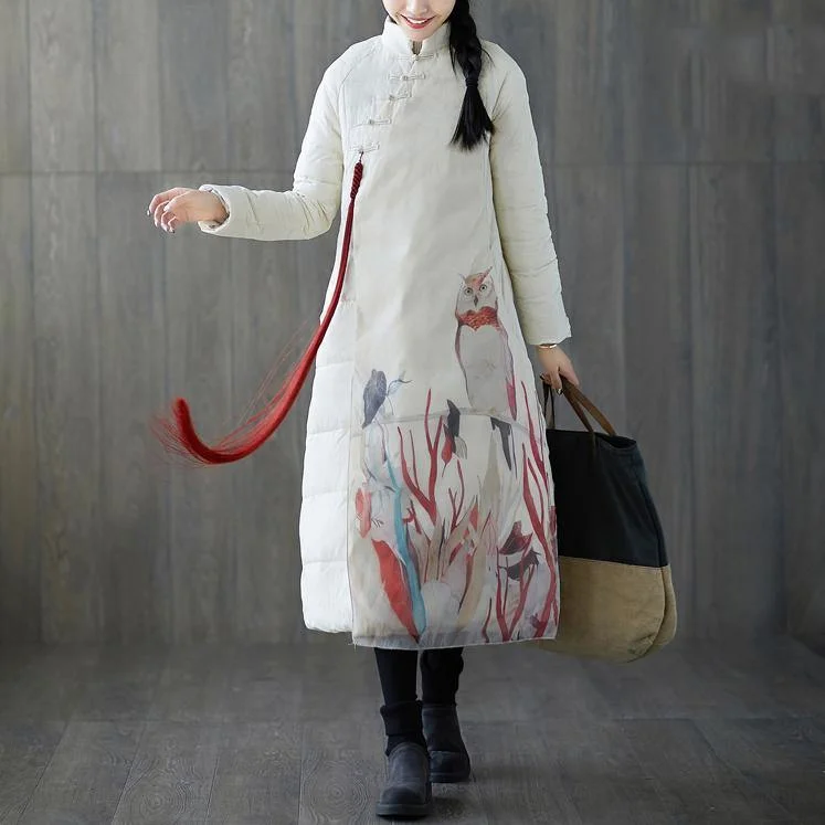 2018 thick white print down coat plus size stand collar patchwork Casual Chinese Button down coat