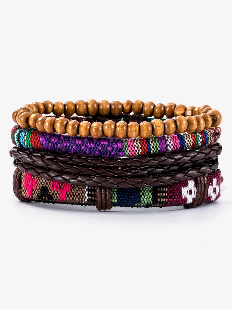Simple Woven Beads Rope Tiered Leather Bracelet