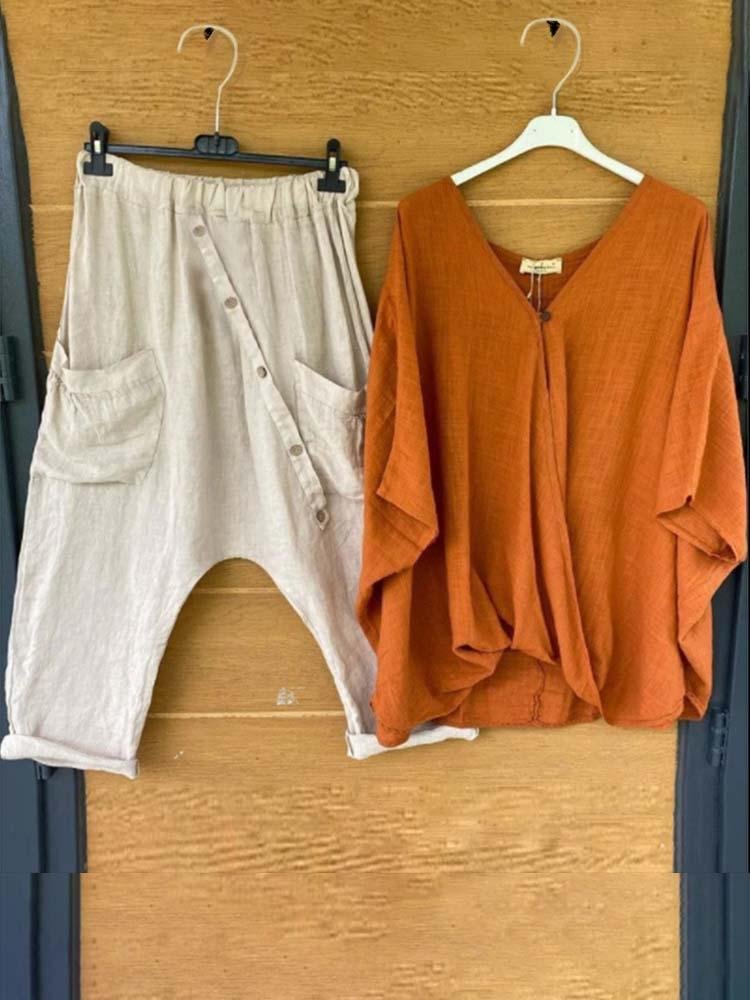V-Neck Irregular Top Loose Pants Two Pieces Set