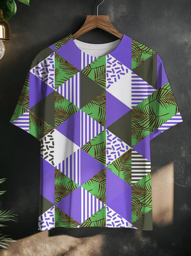 Men's Geometric Patchwork Art Diamond Pattern Print Casual T-Shirt