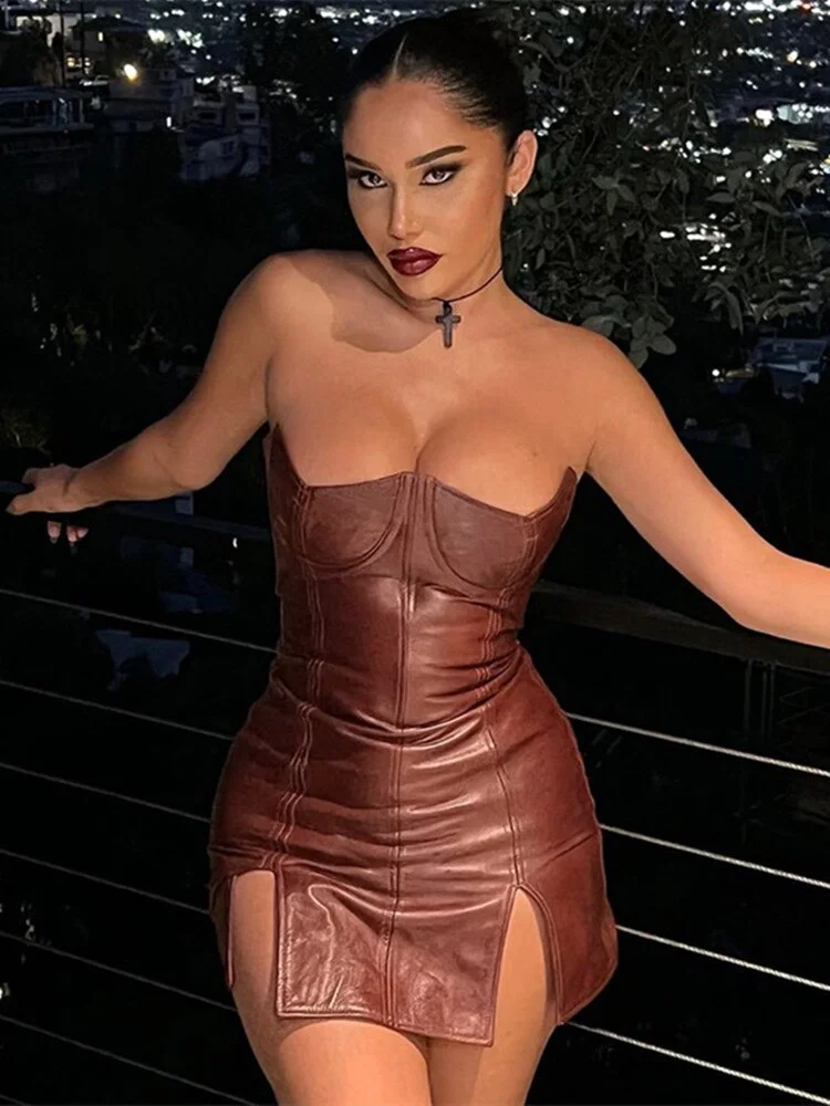 Refined Shiny PU Mini Dress Women fashion Solid Wrapped Chest Body-Shaping Split Fashion Hip Skirt Lady. Party Clubwear Vestidor