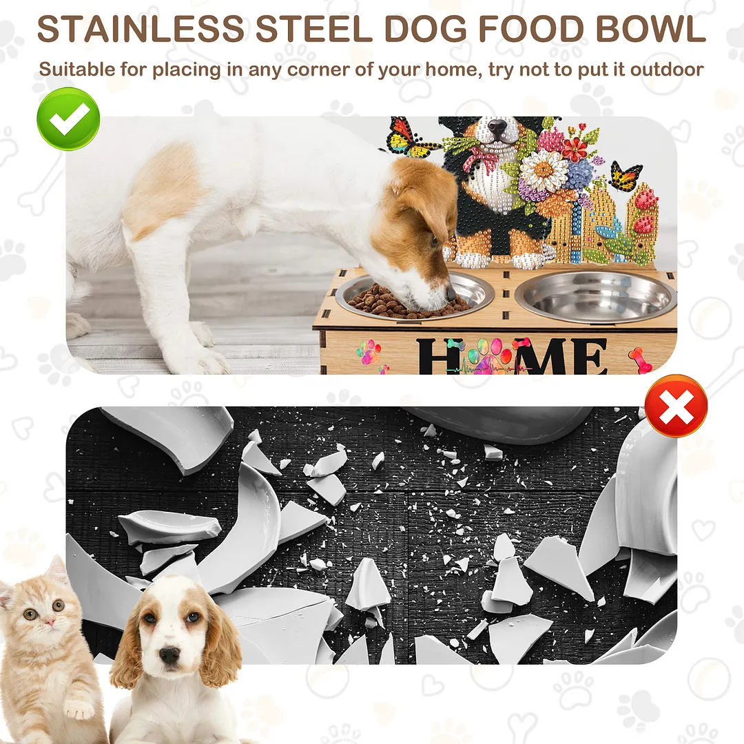 Diamond Painting Food Bowl with Wood Stand Diamond Art Dog Bowl for Small Dogs