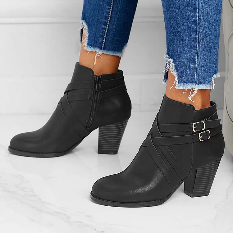 HUXM Crisscross Buckle Chunky Heel Ankle Boots Side Zipper Booties