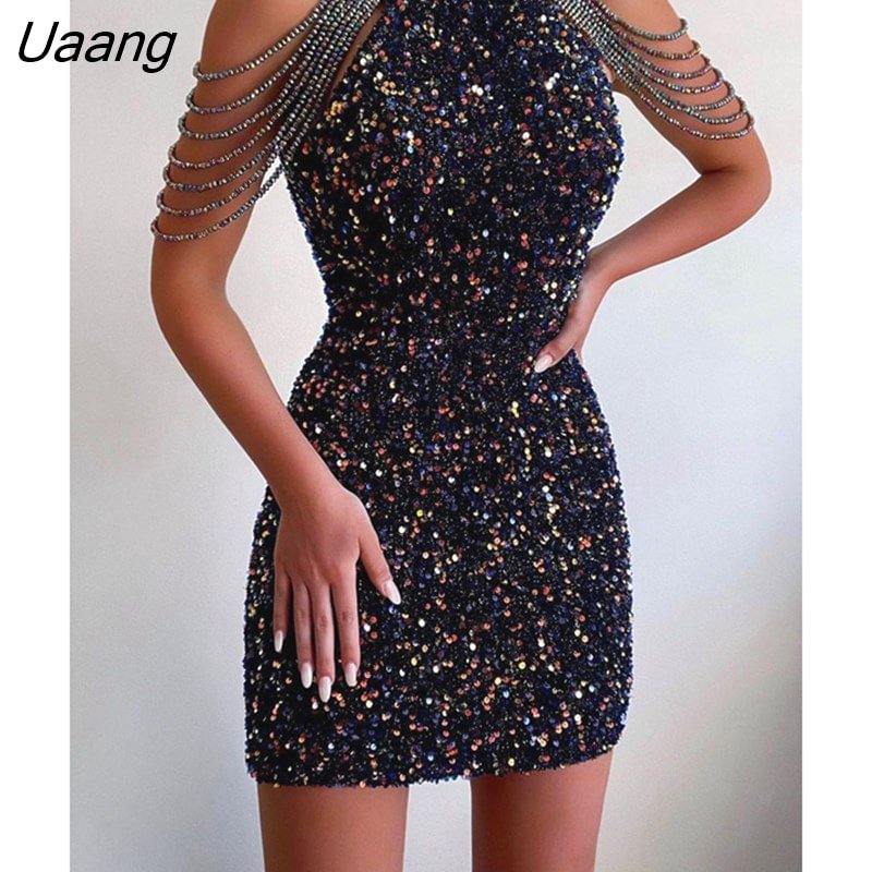 Uaang Women Sexy Slim Fit Sequined Beaded Decor A-Line Dress