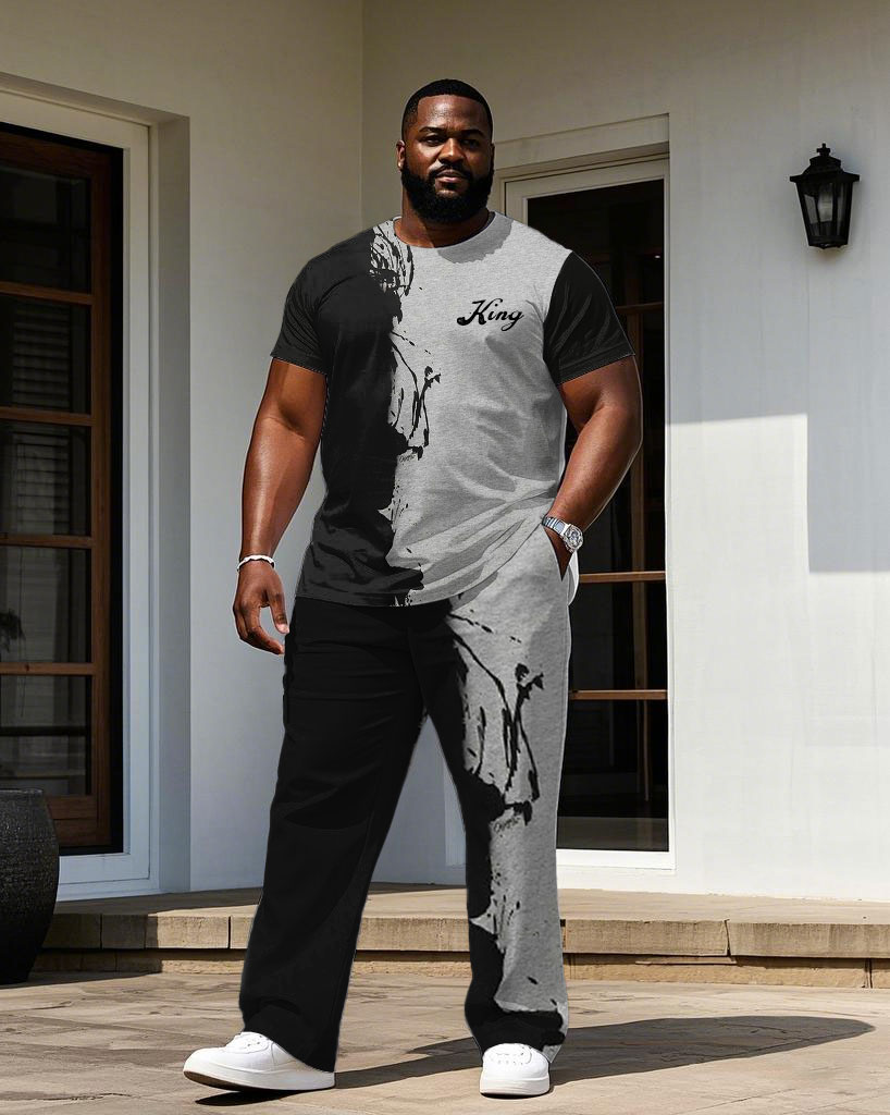 Men's Plus Size Street Fashion Black Ink-throwing Small Label Printed Short-sleeved T-shirt Trousers Suit