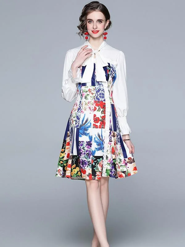 Elegant print long-sleeved temperament stitching dress