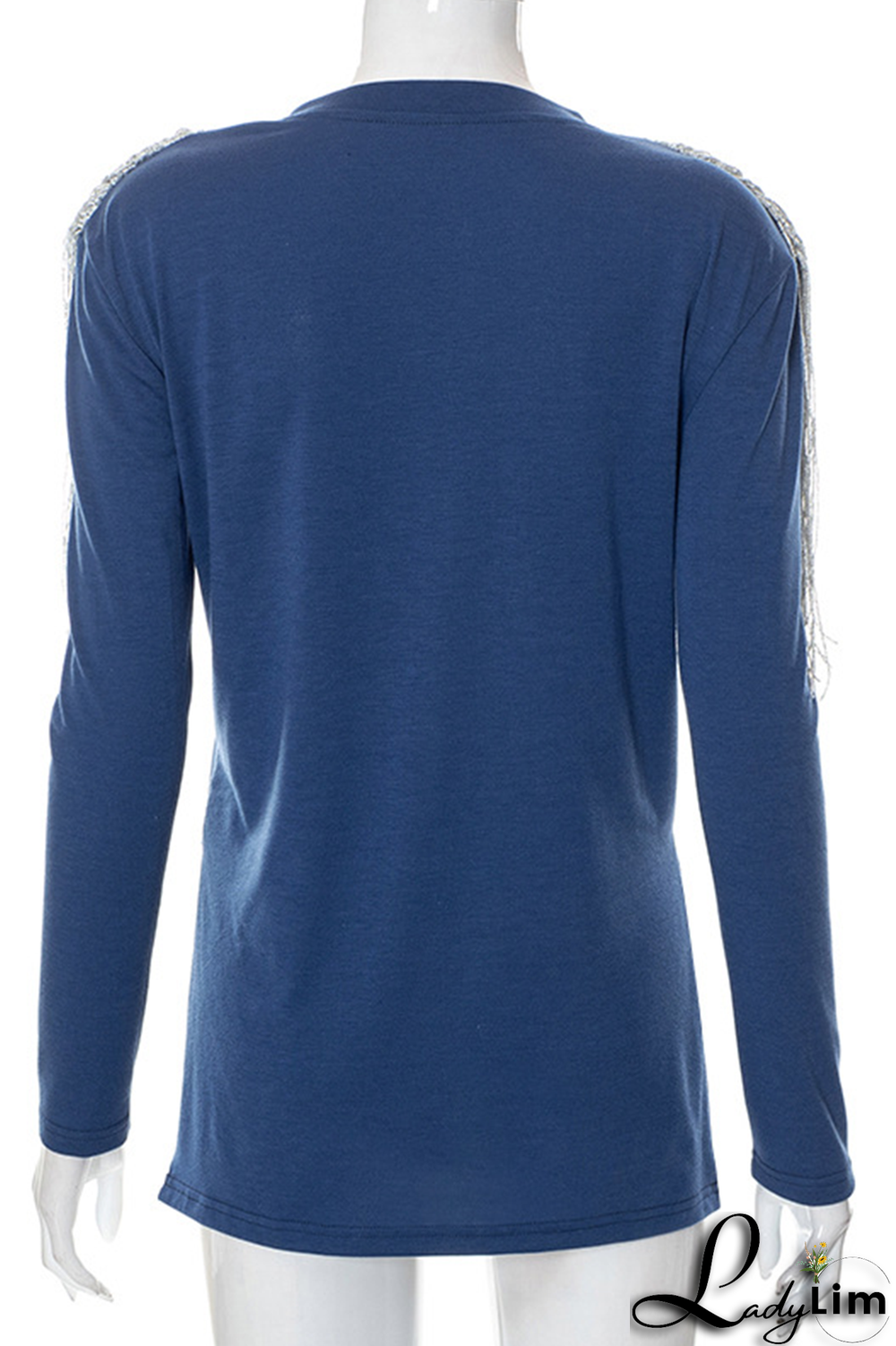 Deep Blue Fashion Print Tassel V Neck Tops
