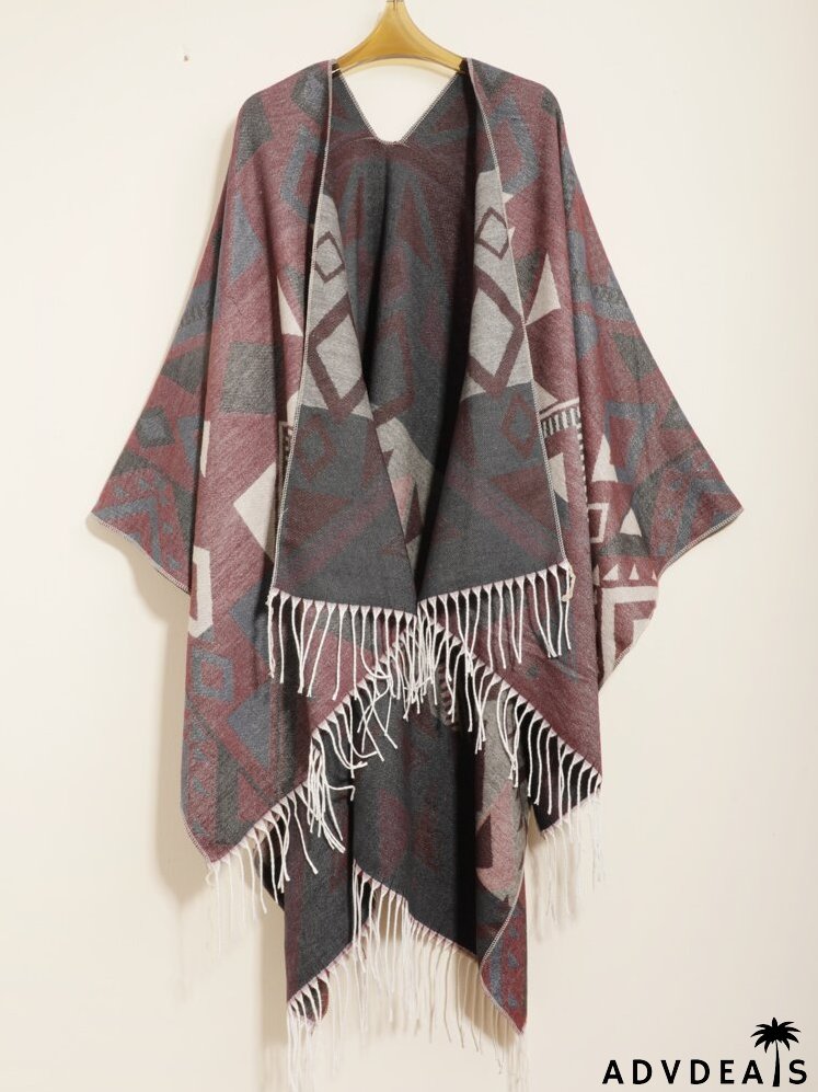 Geometric Print Fringe Hem Shawl Scarf