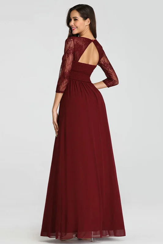 Burgundy Lace Long Sleeve Chiffon Evening Prom Gowns On Sale