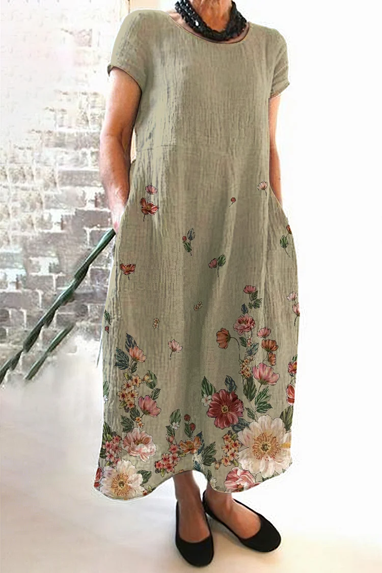 VChics Casual Loose Botanical Floral Print Linen Midi Dress