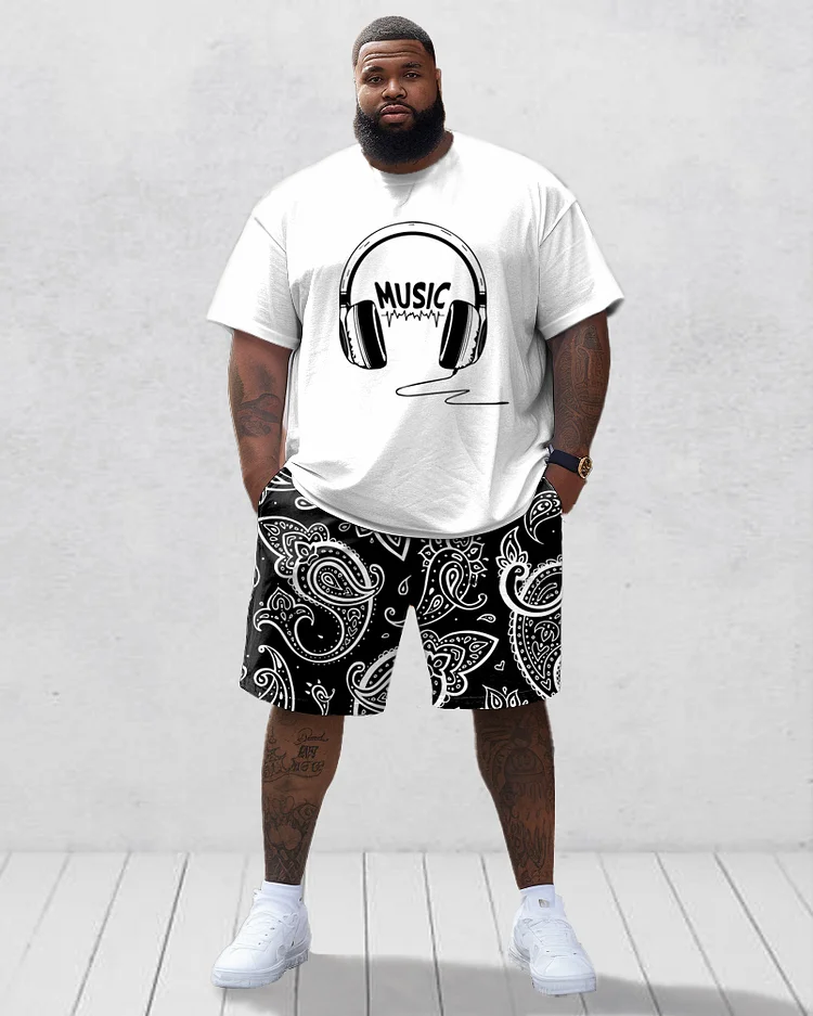 Men's Plus Size Casual Headset Cashew Flower Pattern Printed T-Shirt Shorts Suit