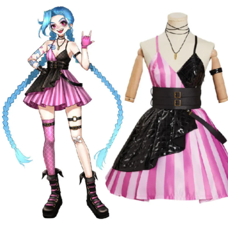 LoL Jinx Cosplay Costume Goth Lolita Dress Outfits Halloween Carnival Suit-coshduk