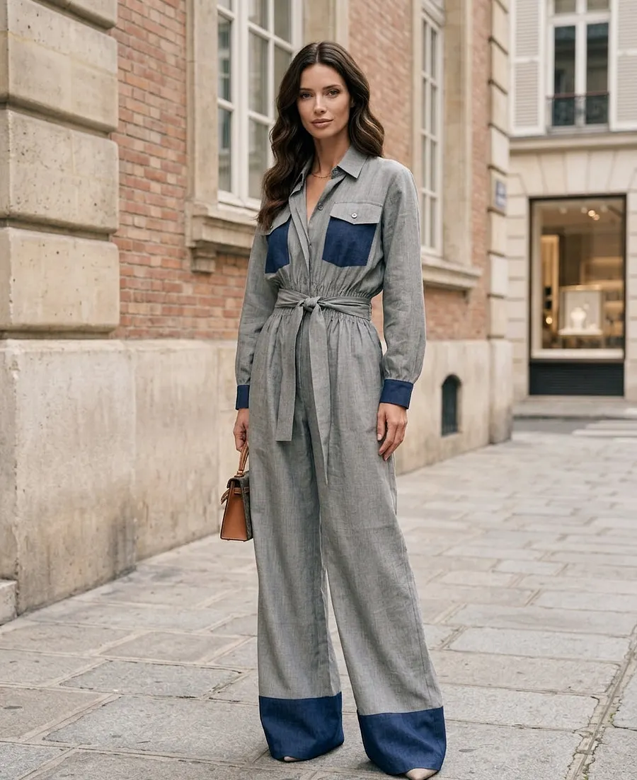Women's Casual Grey Cotton-linen Long-sleeve Jumpsuit MD