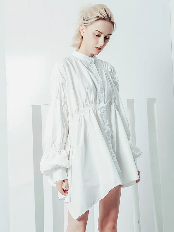 Casual Long Sleeves Irregularity Pleated Pure Color Stand Collar Mini Dresses