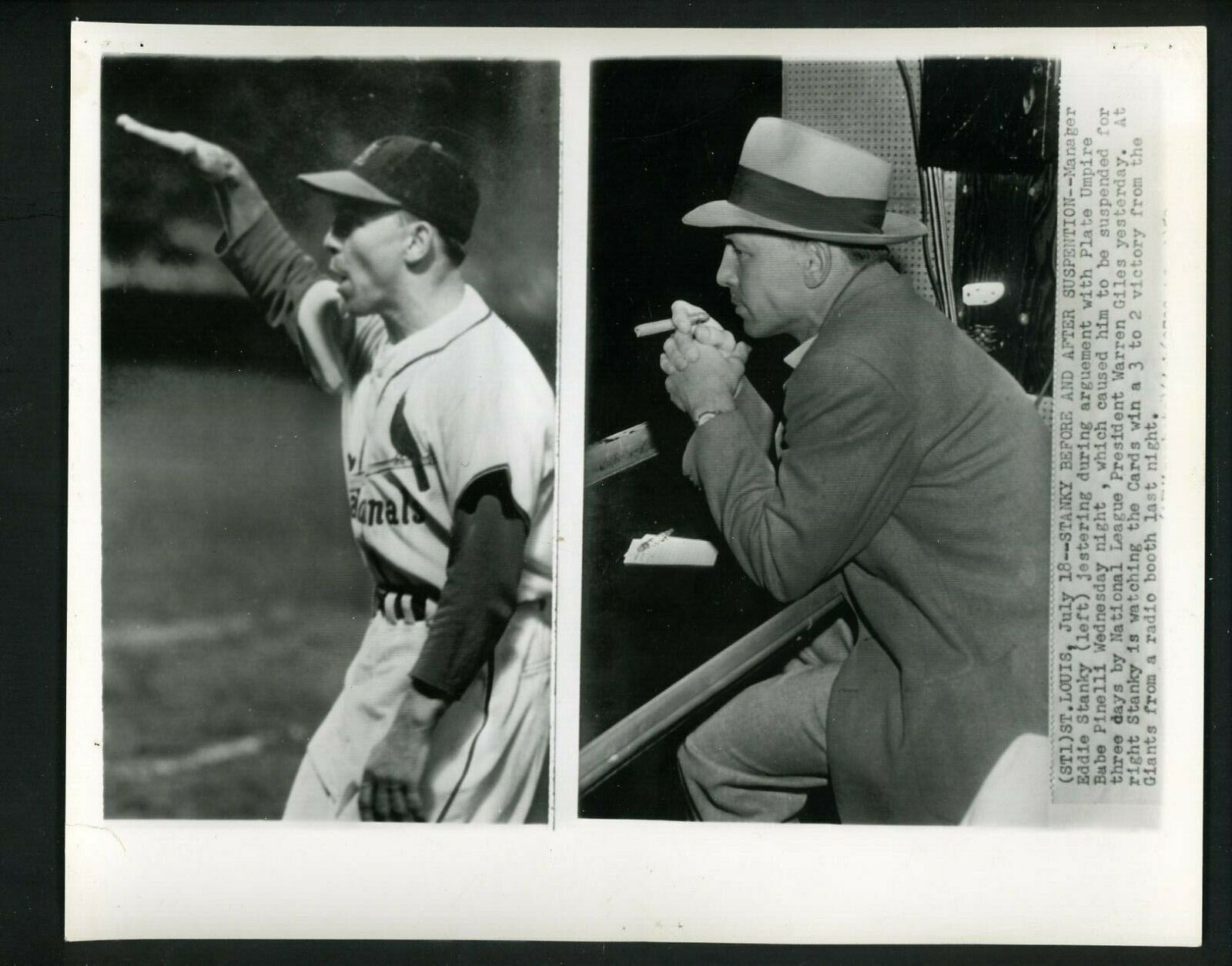 St. Louis Cardinals Manager Eddie Stanky Suspended 1952 Press Photo Poster painting