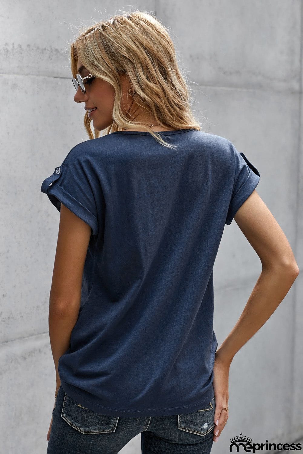 Women Old Fashioned Blue Buttoned Detail Cotton Blend Short Sleeve T-shirt