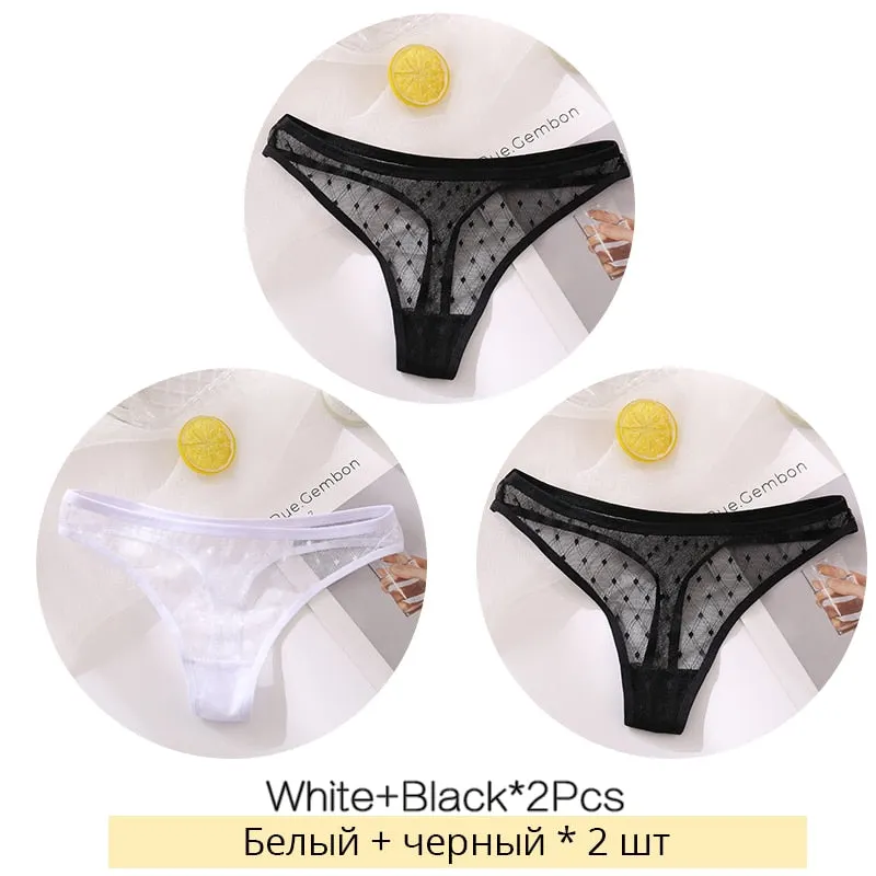 FINETOO Sexy Lace Thongs Women 3Pcs/set Transparent G-string Panties Dots Lace T-back Underwear Fashion Female Underpants M-XL