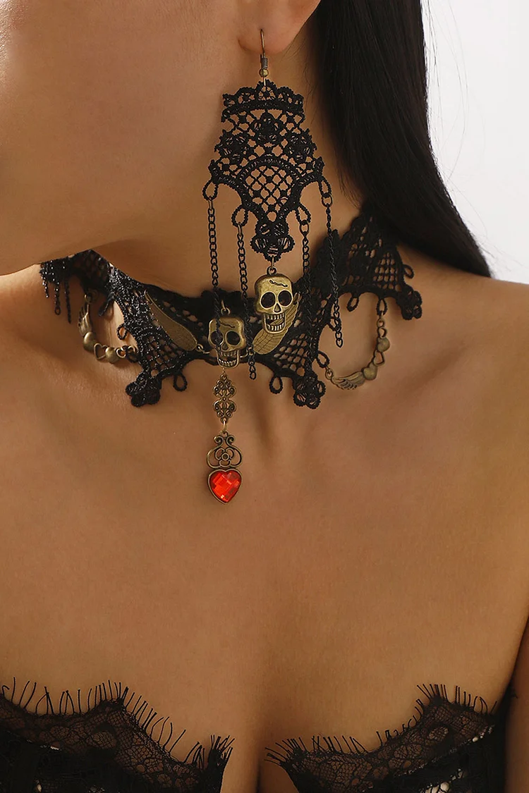Halloween Black Lace Skull Retro Tassel Chain Earrings Necklace Jewelry Set 2024 - Xpluswear