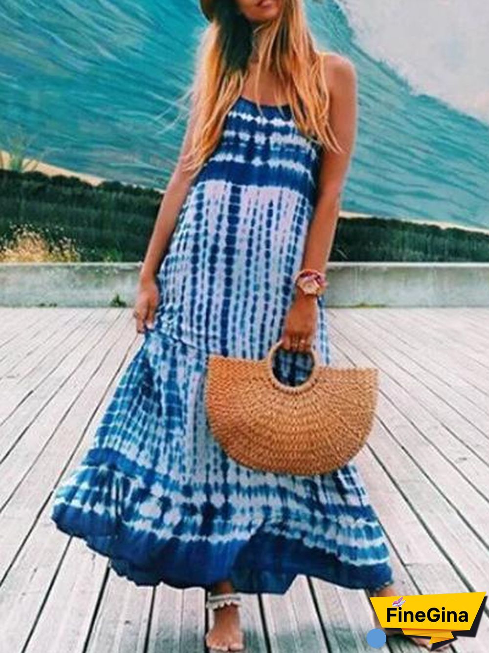 Fashion Sling Blue Printed Beach Dress