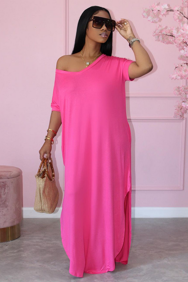 Off Shoulder Asymmetric Short Sleeve Loose Fit Plain Maxi Dresses-Pink
