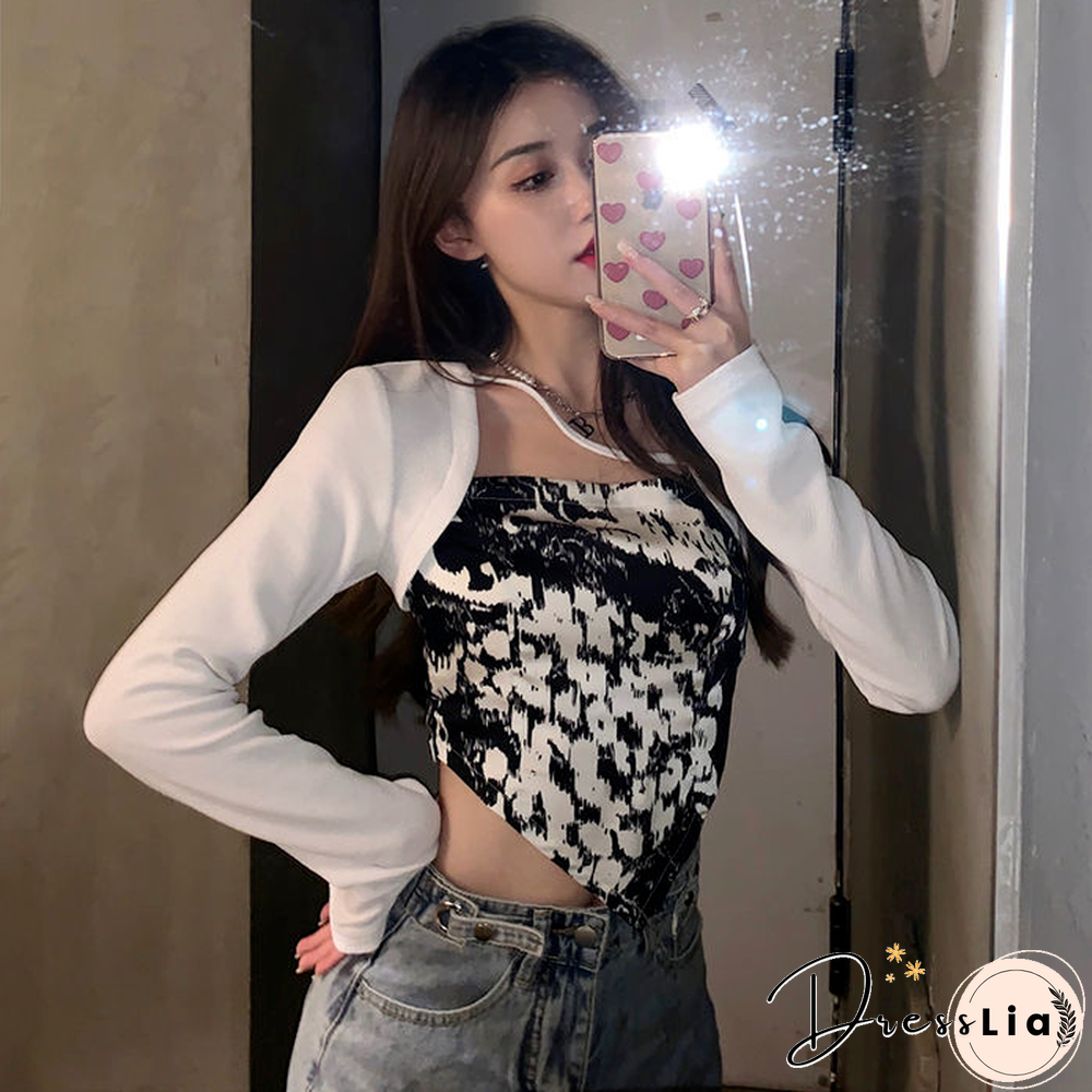 T-Shirts Women Slim Trendy Chic Summer Long Sleeve Ulzzang High Street Lady Fake Two Piece Mujer Camisetas Ins Inside Crops Tops