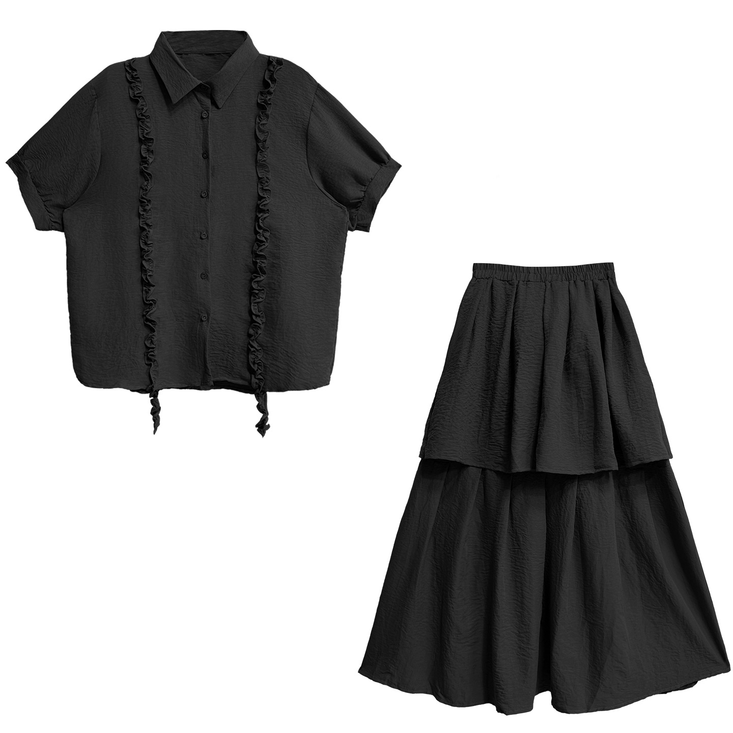 Loose solid color shirt&elastic waist skirt set