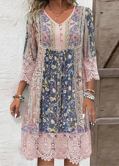 Loose Casual V Neck Ethnic Lace Decor Mini Dress