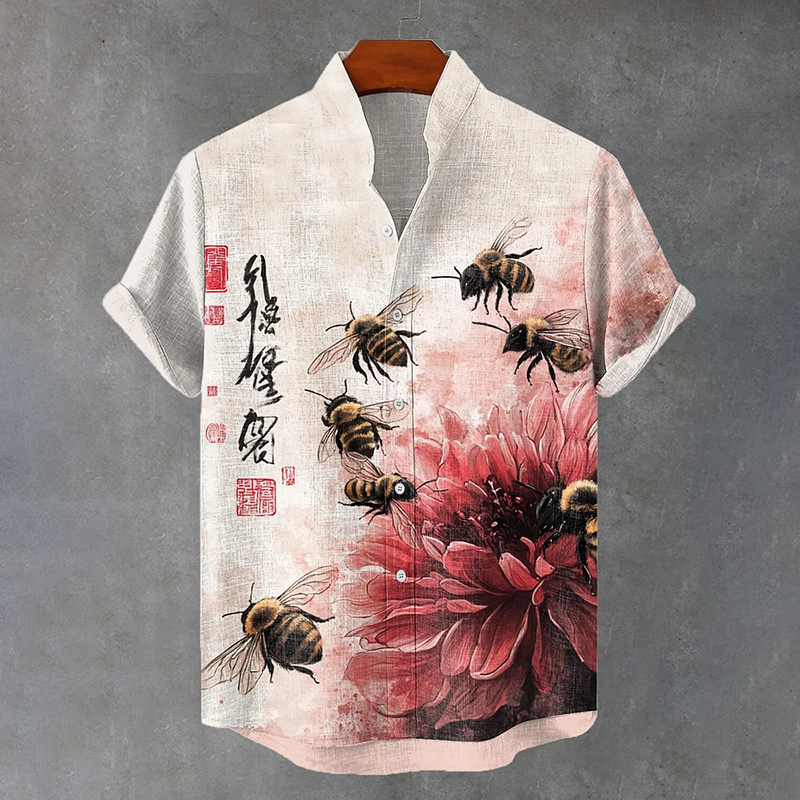 Men's Bees And Flower Art Pattern Casual Shirt  artssus