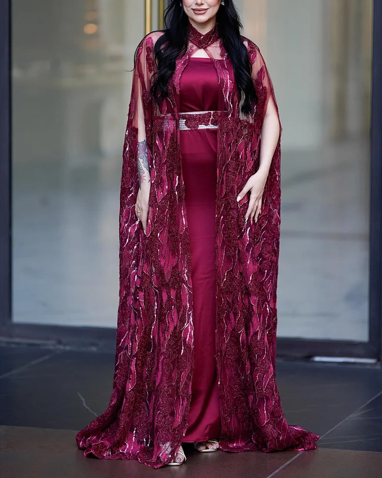 Women's Mesh Shawl Sequin Dress