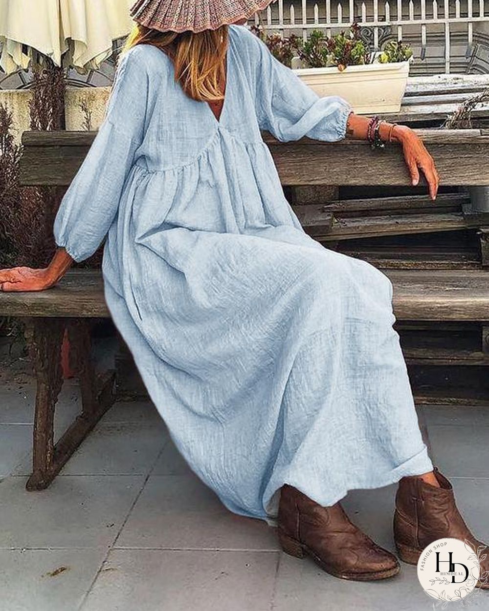 Solid Lantern Sleeve Loose Pleated V Neck Maxi Dress