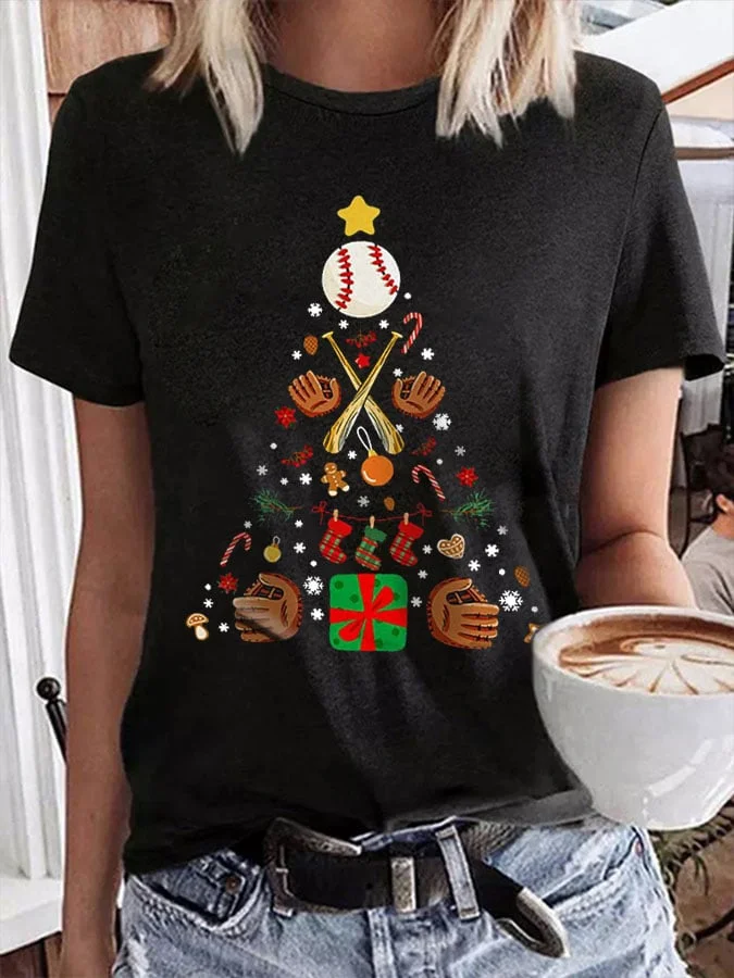 Women's Merry Christmas Baseball Ball Christmas Tree Casual Print T-Shirt-mysite