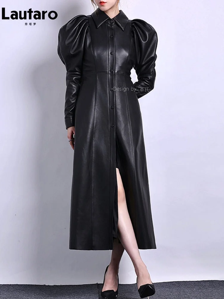 Huiketi Spring Autumn Long Luxury Elegant Retro Black Soft Pu Leather Trench Coat for Women Puff Sleeve Runway Fashion 2023