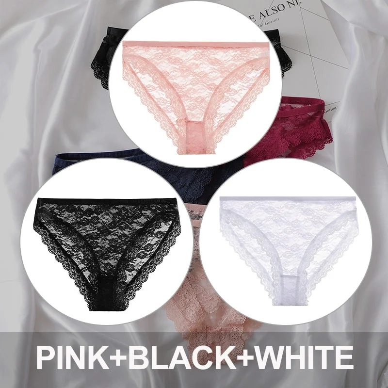 FINETOO 3PCS/Set Floral Lace Sexy Women Lingerie Panties M-2XL Plus Size Underpants Transparent Female Comfortable Briefs Girls