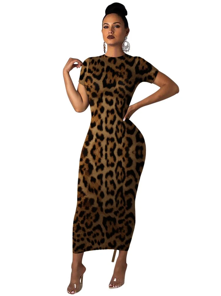 Summer Women Clothes Long Maxi Dress Short Sleeve Leopard Print Night Club Party Sexy Bandage Elegant Dresses Vestidos