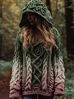 Women's Vintage Cable Knit Embroidery Gradient Hooded Sweater