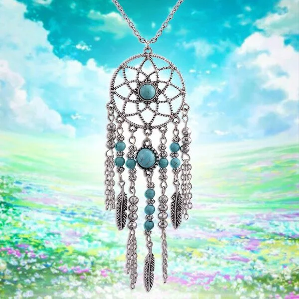 "Sedona Sky" Tassel Pendant Hand-Enameled Turquoise Necklace